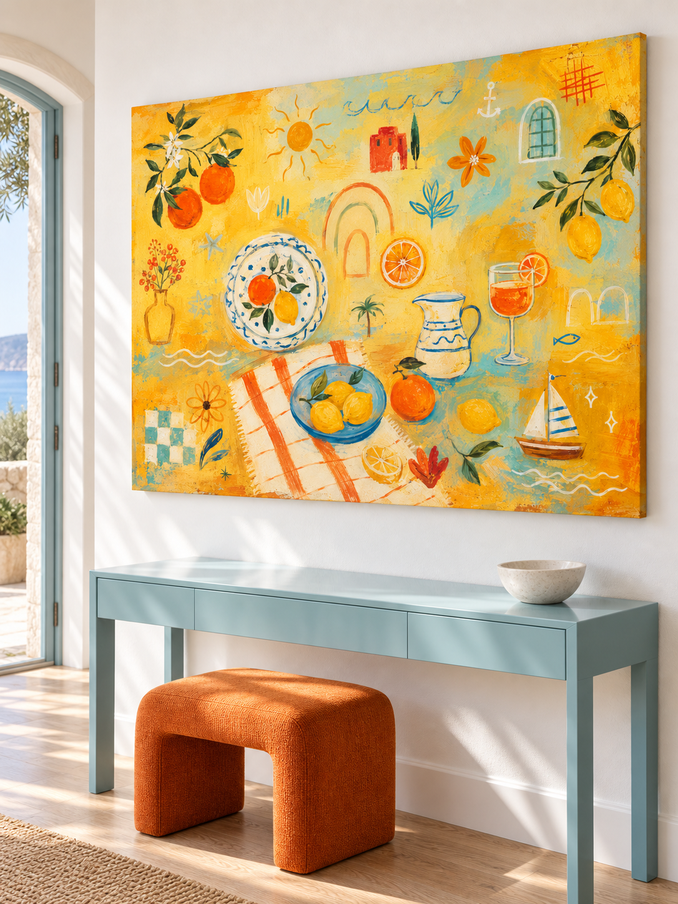Hand-Painted Citrus Fruit And Sailboat Canvas Art With Warm Yellow Tones