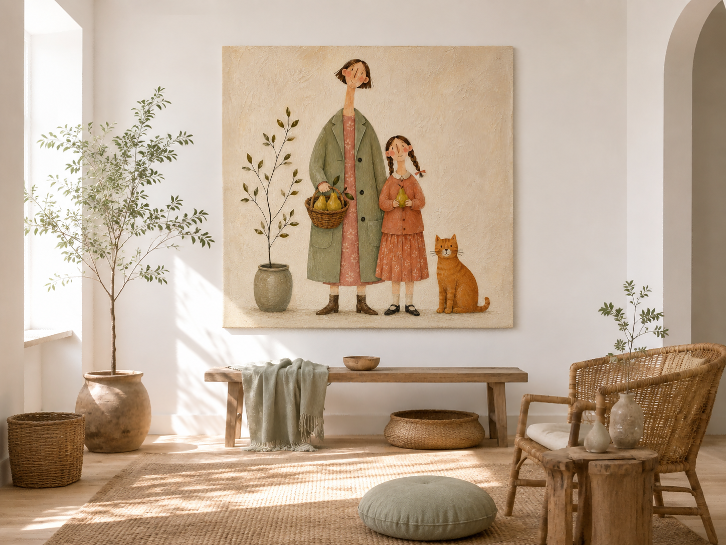Charming Naive Art Painting Of Family With Cat In Vintage Style For Living Room Decor