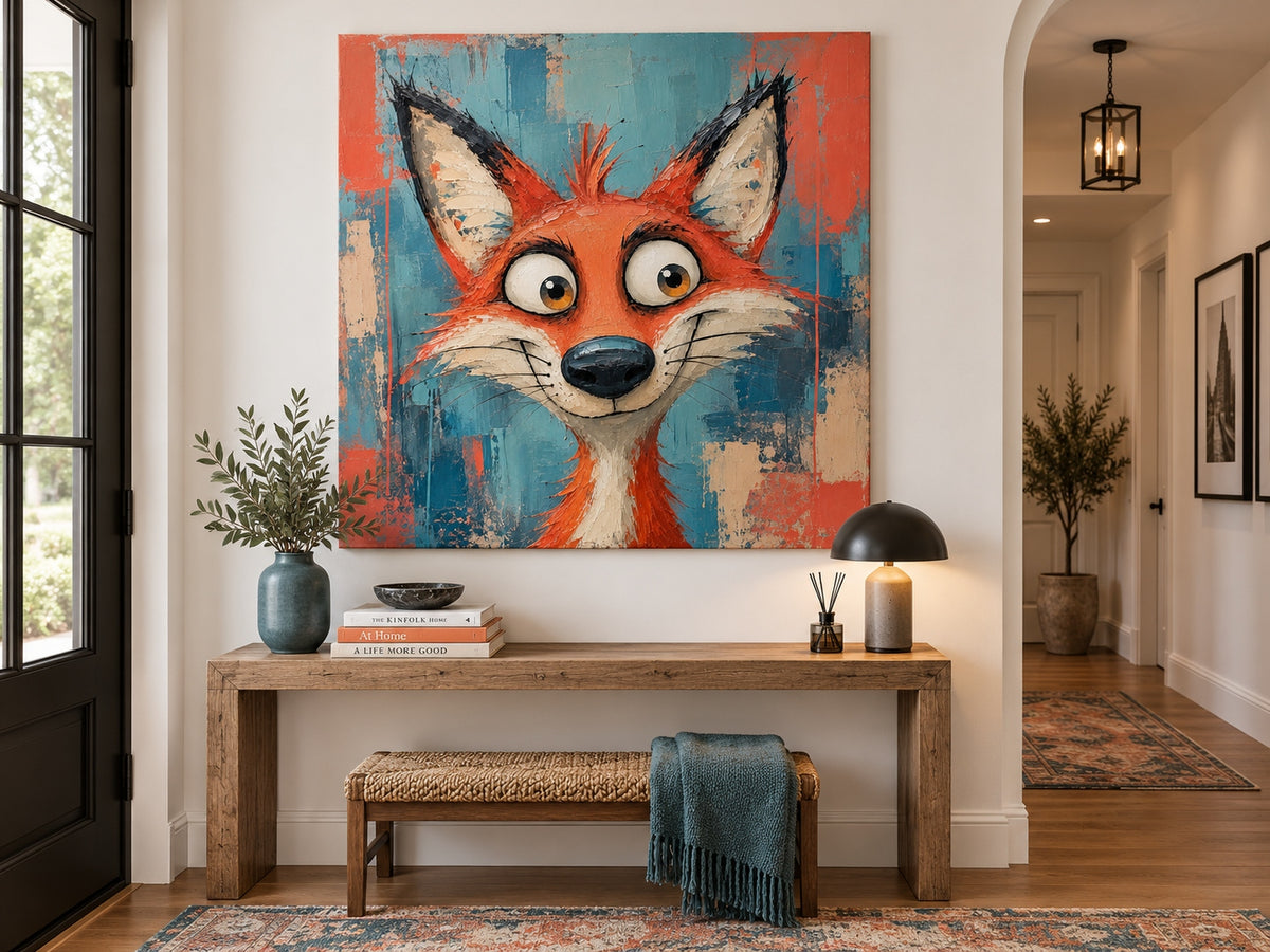 Funny Red Fox Portrait Canvas Painting With Big Eyes In Pop Art Style