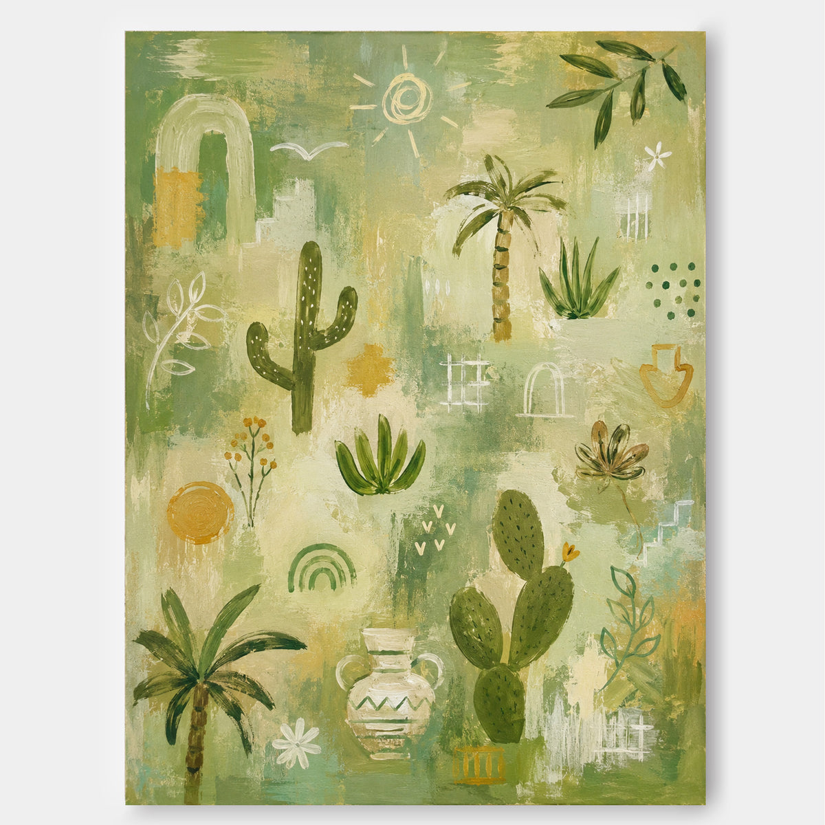 Modern Geometric Abstract Painting With Natural Motifs In Green