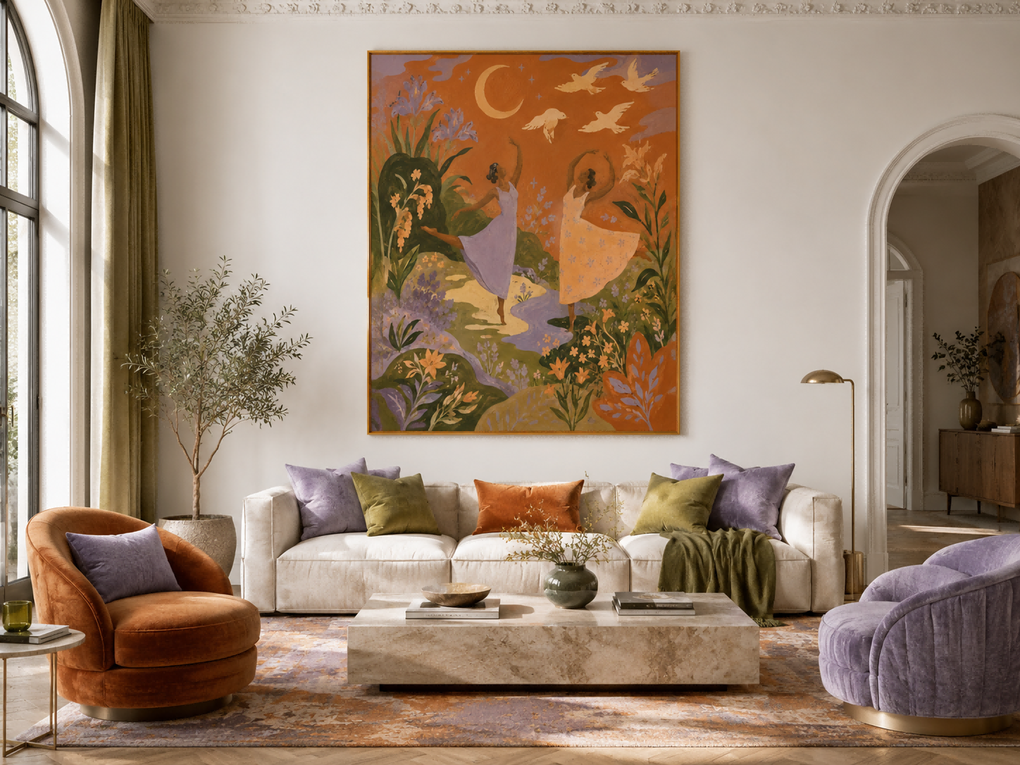 Surreal Night Garden Dance Painting Art Deco Style Handmade Canvas Artwork