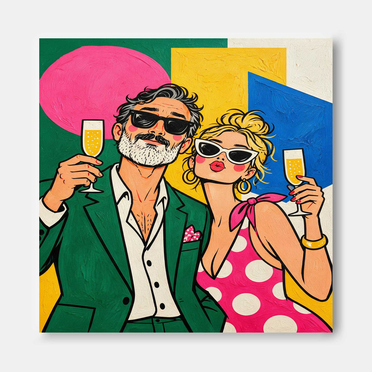 Stylish Couple Pop Art Canvas Painting With Champagne Glasses In Pink And Green