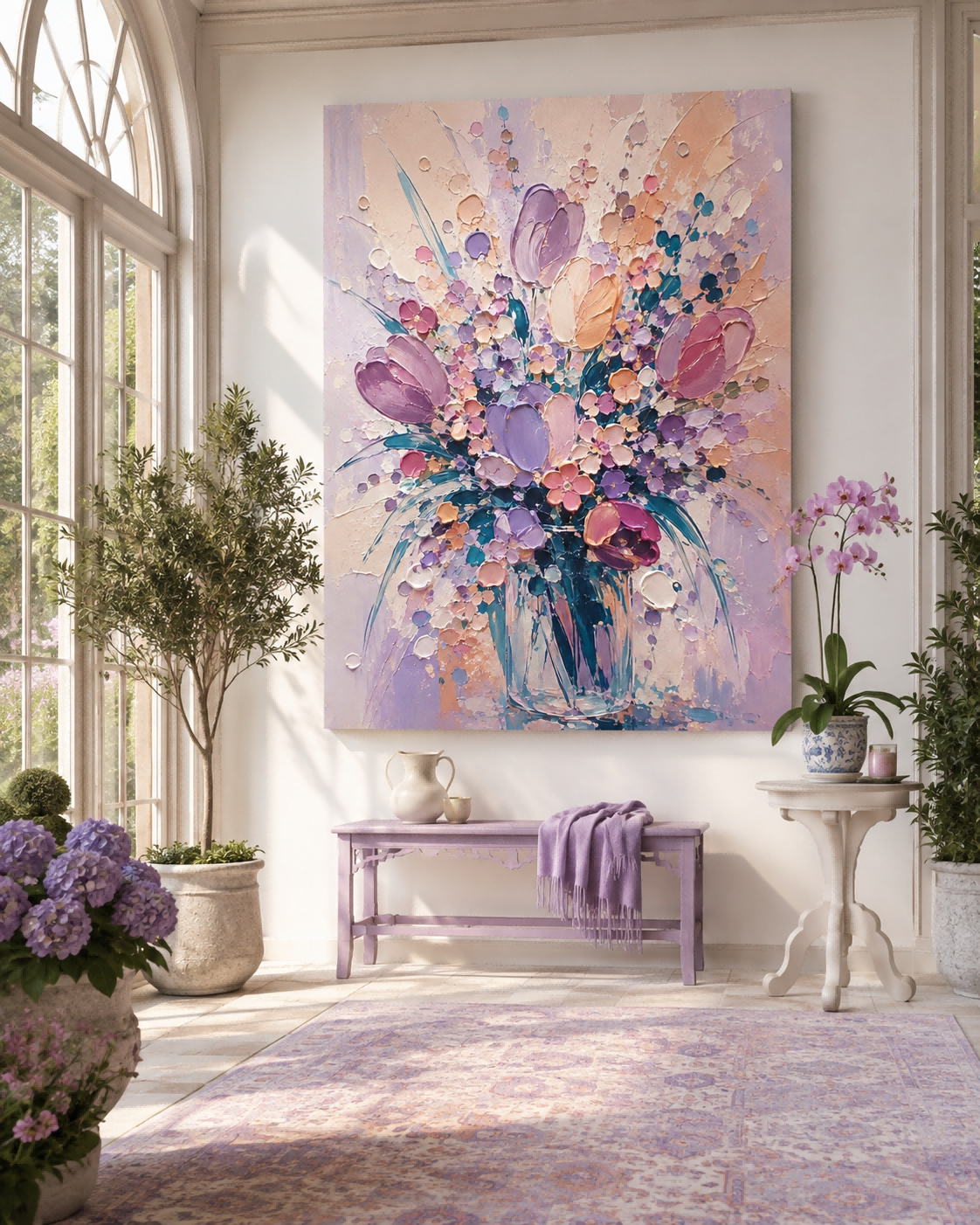 Abstract Tulip Flower Bouquet Hand-Painted Canvas Wall Art In Lavender And Pink