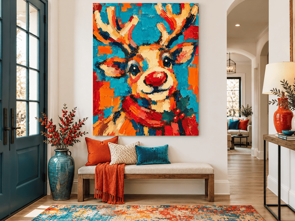 Hand-Painted Reindeer Canvas Art With Red Nose And Holiday Scarf Festive Holiday Wall Art For Living Room Modern Colorful Decor