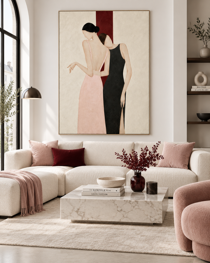 Two Women Embrace Minimalist Canvas Painting In Pink And Black