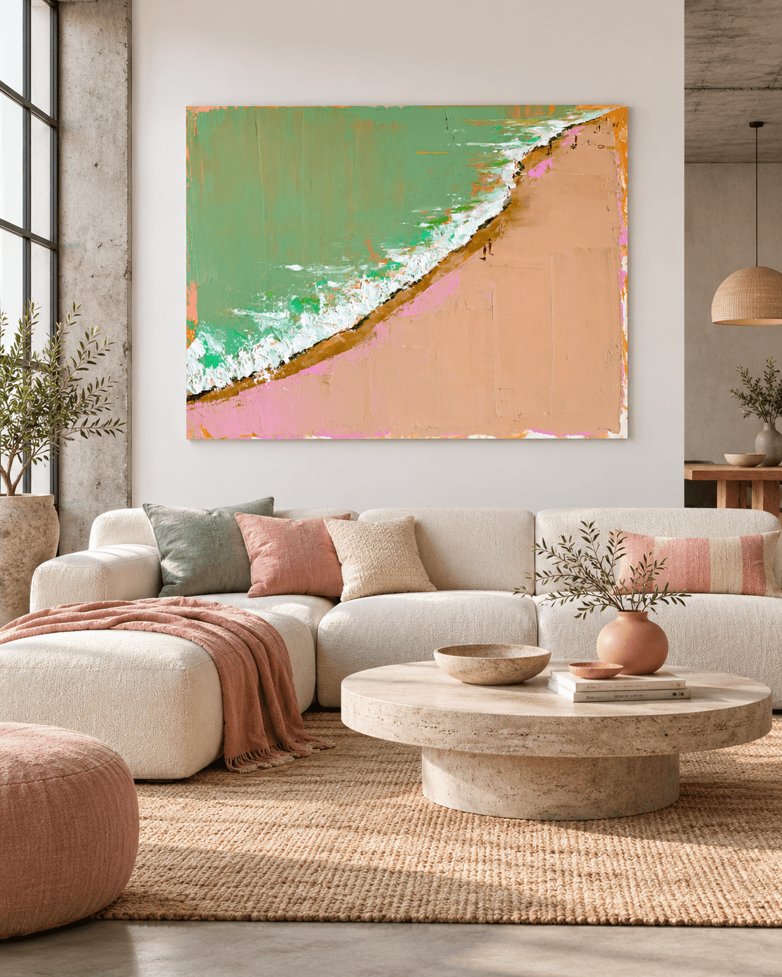 Minimalist Textured Abstract Art In Green And Beige Tones