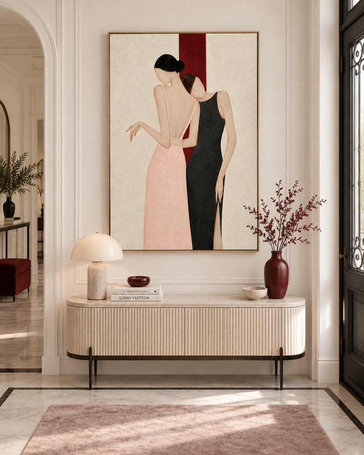 Two Women Embrace Minimalist Canvas Painting In Pink And Black