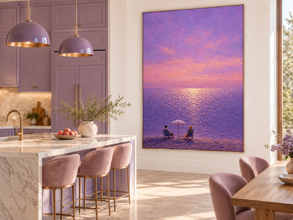 Romantic Purple Seascape Hand-Painted Canvas Art With Golden Sunset Glow