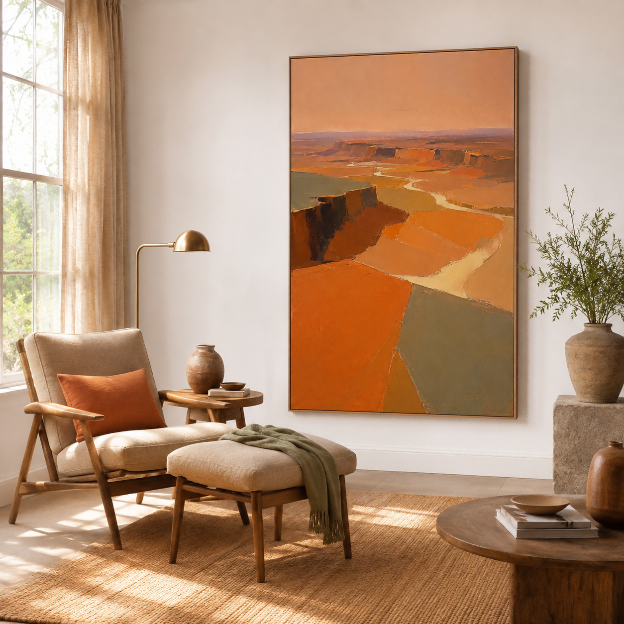 Modern Abstract Landscape Painting With Warm Earth Tones For Living Room Decor