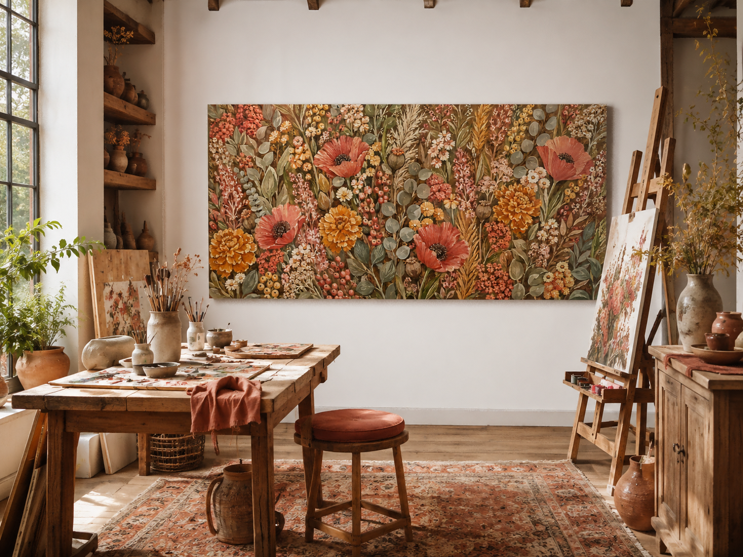 Vintage Floral Canvas Art With Poppies And Marigolds In Warm Earth Tones