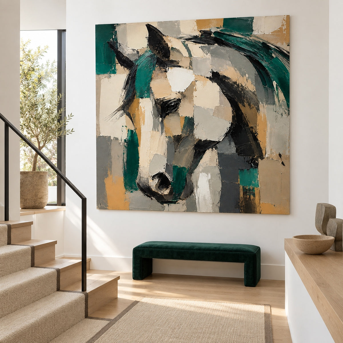 Abstract Geometric Horse Canvas Painting With Emerald Green And Beige Tones