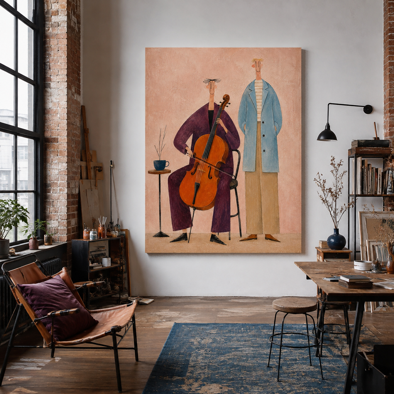 Naive Pop Art Painting With Musicians For Modern Living Room Decor