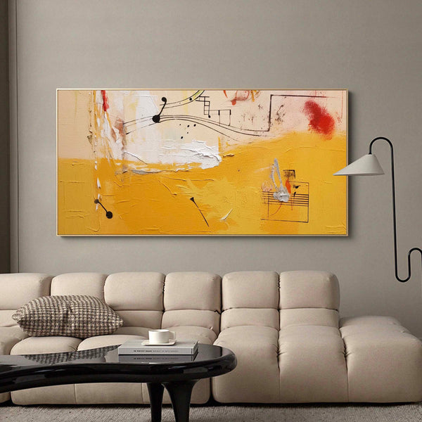 Vibrant Yellow Acrylic Painting Large Modern Abstract Musical Notes Wall Art Original Oil Painting On Canvas for Living Room