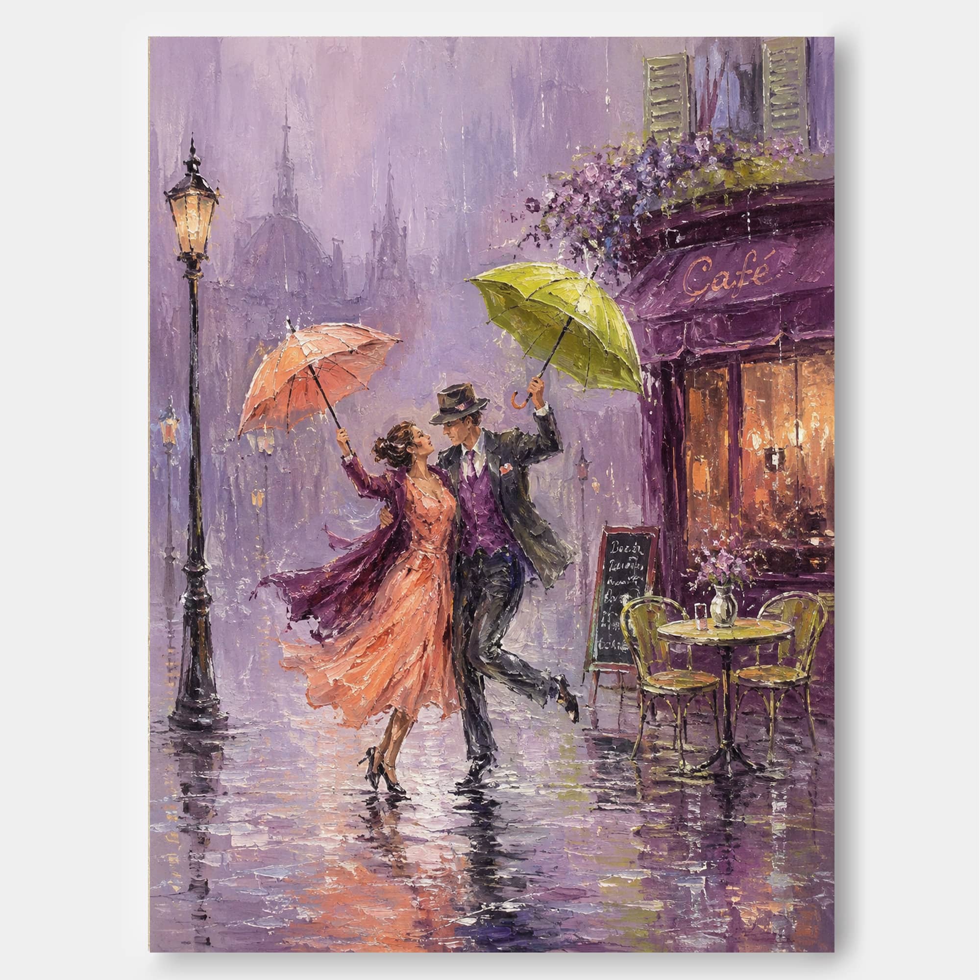 Romantic Impressionist Oil Painting Of Couple Dancing In Rain With Umbrellas For Living Room Decor