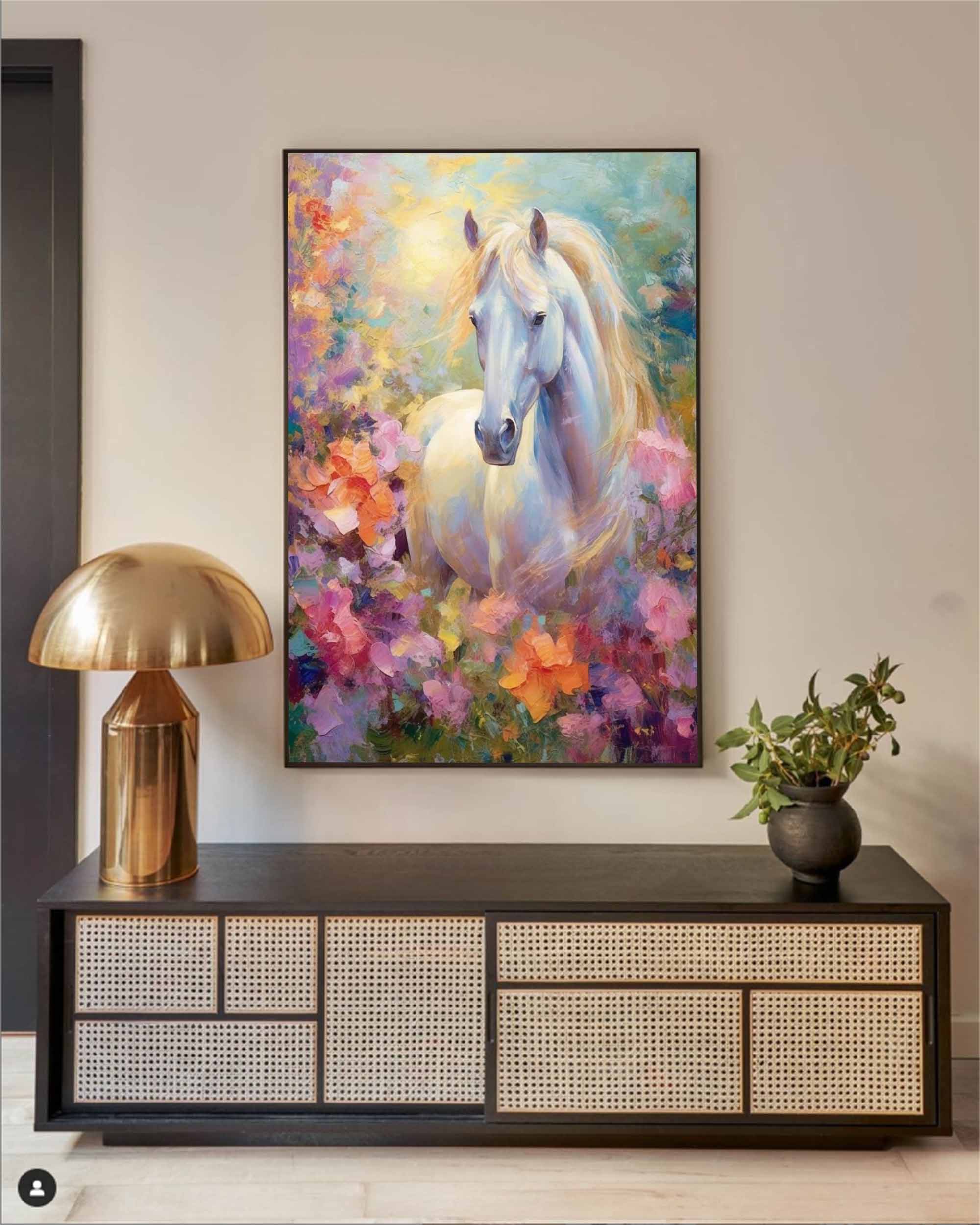 Bright Colorful Horse Oil Painting On Canvas Impressionist White Horse Wall Art Modern Animal Oil Painting Home Decor