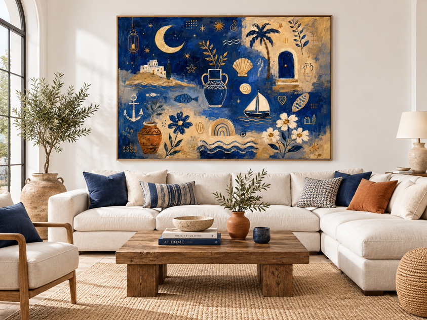 Abstract Modern Vintage Style Painting With Geometric Sea Motifs