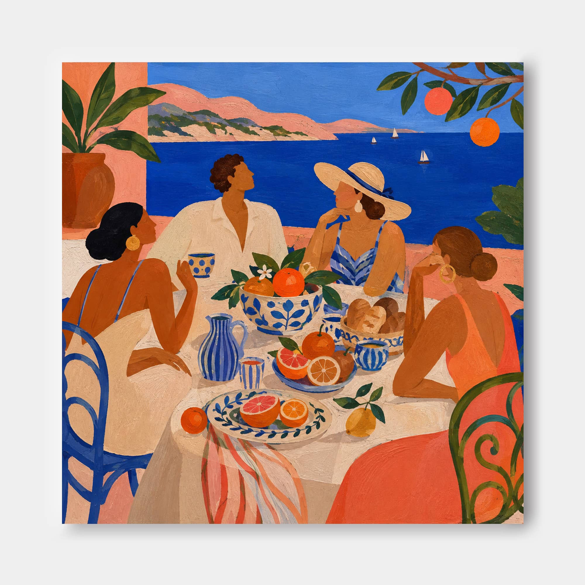 Art Deco Style Canvas Art Dreamy Mediterranean Leisure Scene Original