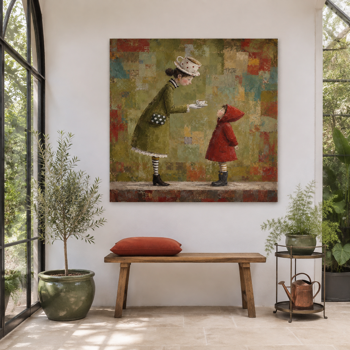 Hand-Painted Woman And Child Canvas Art With Vintage Tea Theme