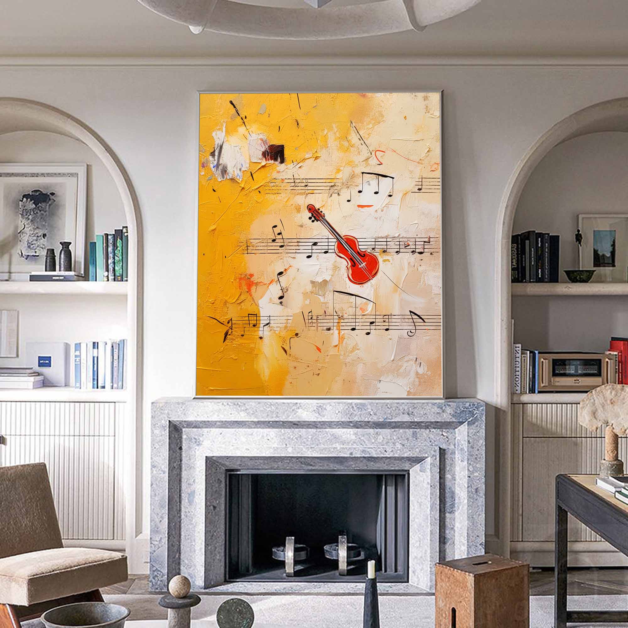 Large Modern Violin Notes Abstract Wall Art Original Oil Painting Canvas Bright Yellow Oil Painting for Home Decor