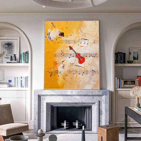 Large Modern Violin Notes Abstract Wall Art Original Oil Painting Canvas Bright Yellow Oil Painting for Home Decor