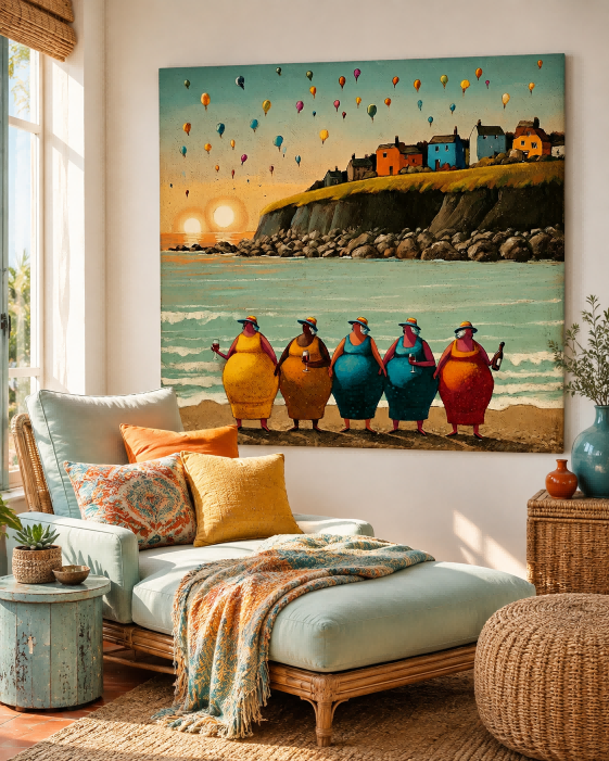 Colorful Women By The Sea Square Canvas Art For Living Room Decor