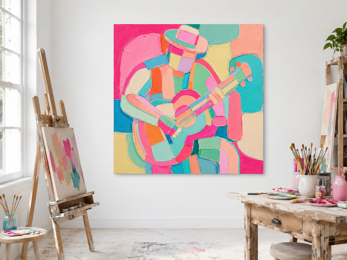 Vibrant Modern Musician Painting With Geometric Blocks For Living Room Decor