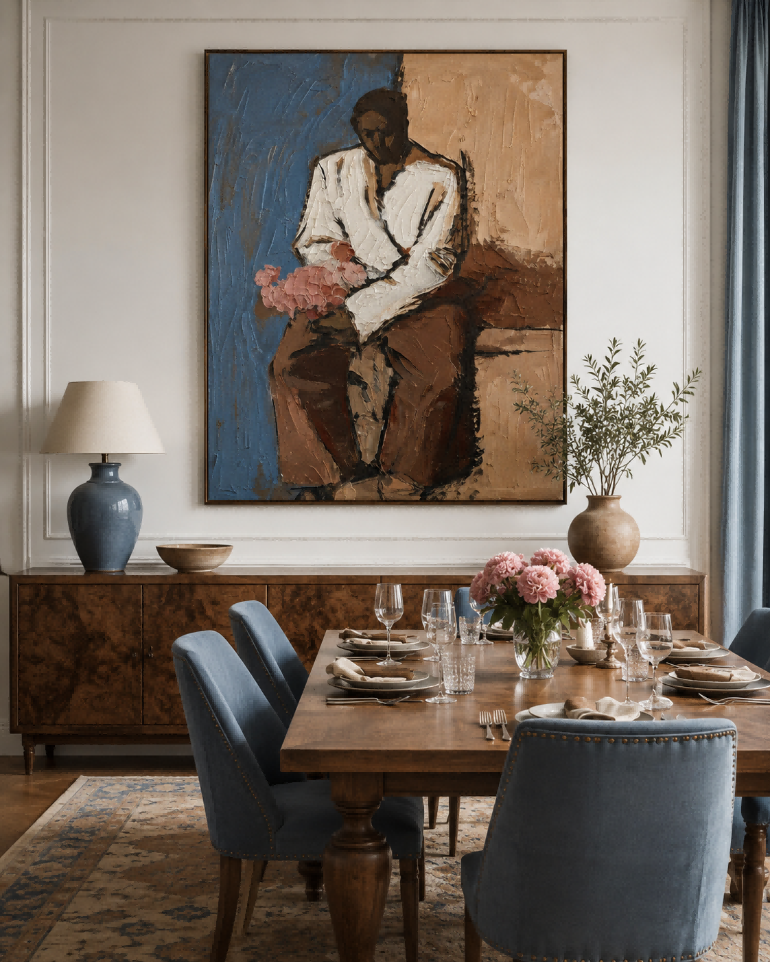 Expressive Figure Art With Thick Brushstrokes And Blue Brown Tones For Study Decor