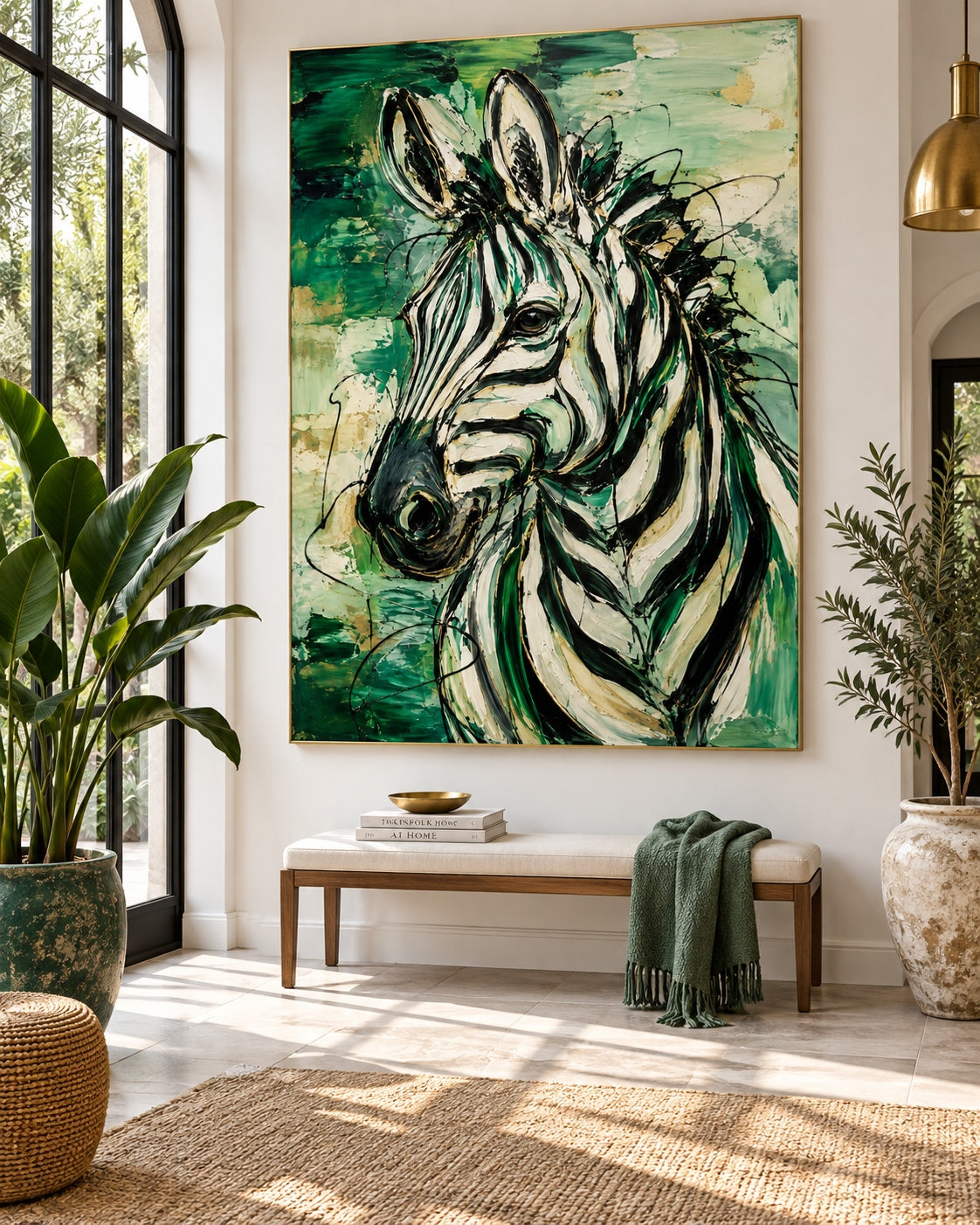 Graffiti Style Zebra Art Modern Abstract Canvas Painting Green And Gold Textured Wall Decor