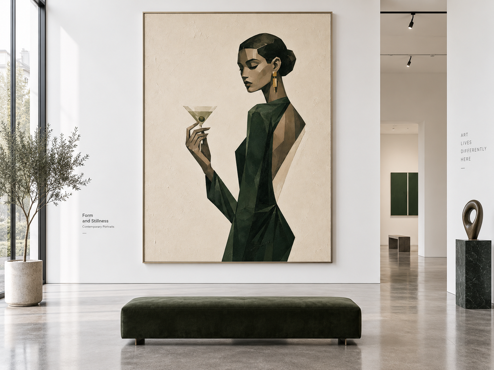 Vintage Woman With Martini Geometric Canvas Painting In Green And Beige