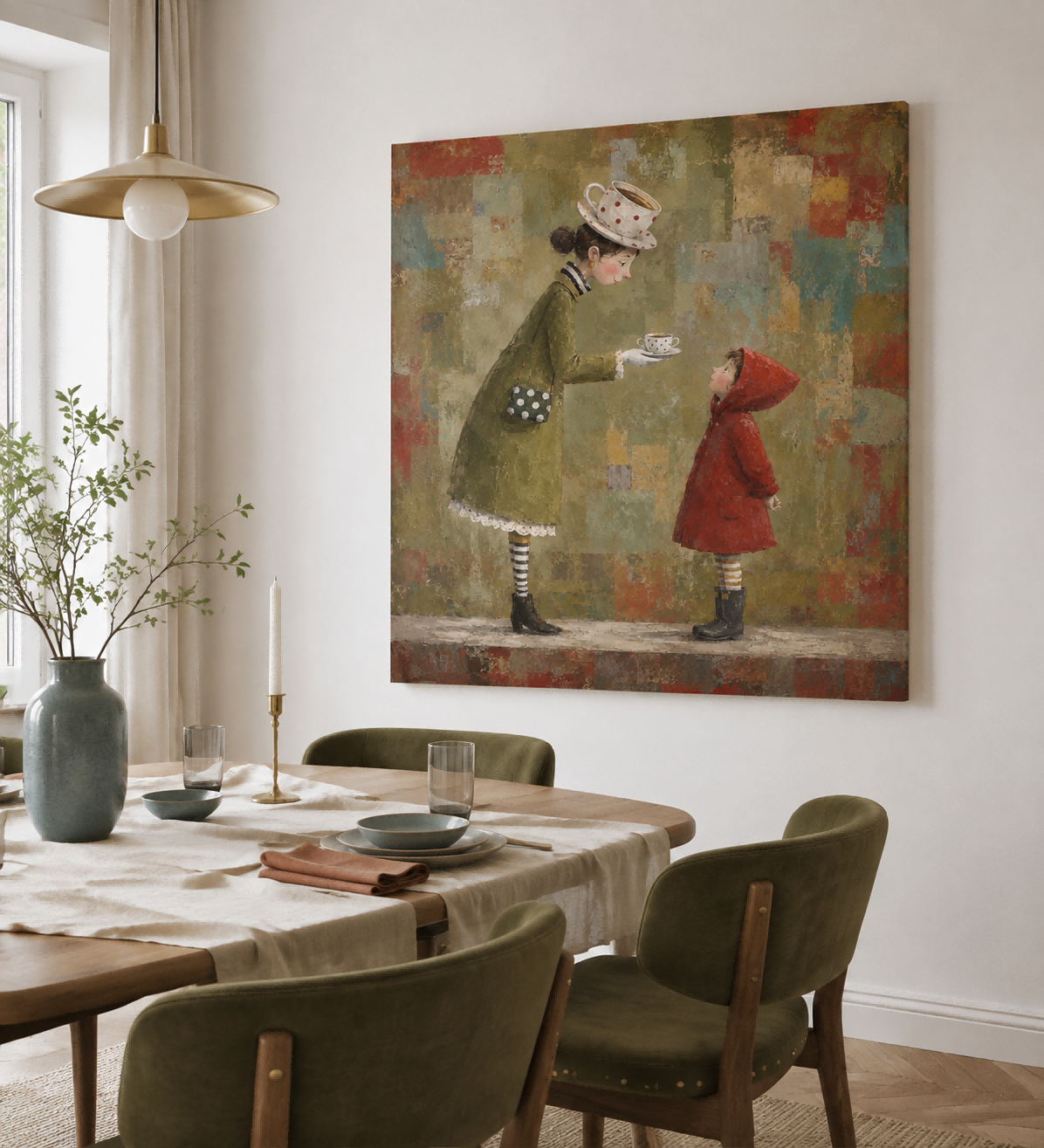 Hand-Painted Woman And Child Canvas Art With Vintage Tea Theme