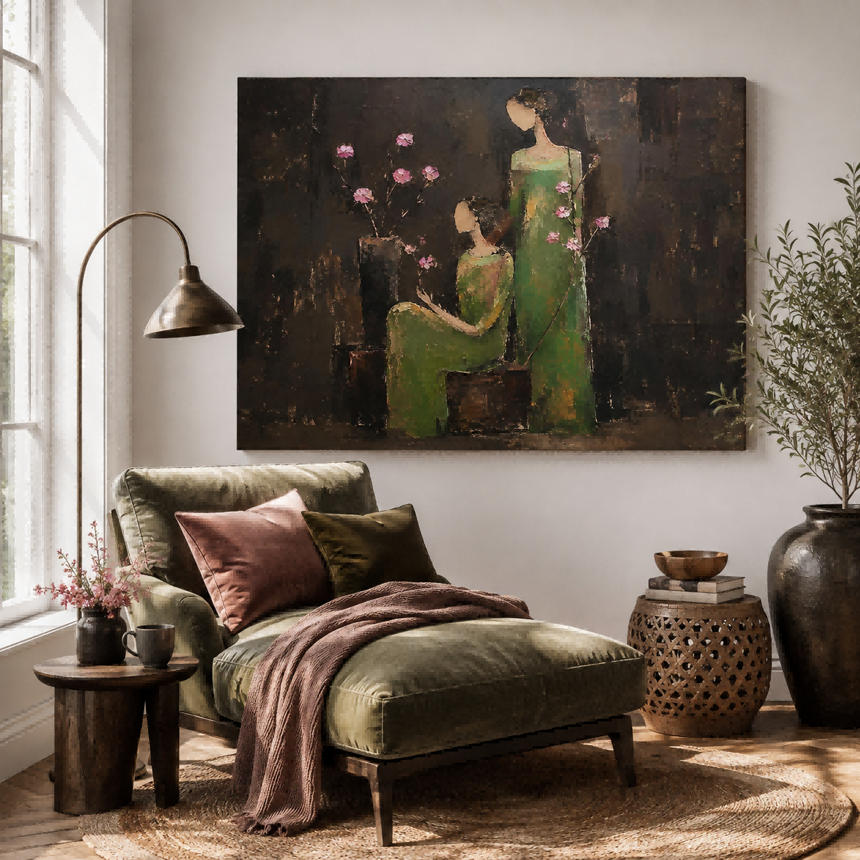 Vintage People Painting With Green Dresses And Pink Flowers For Living Room Wall Decor