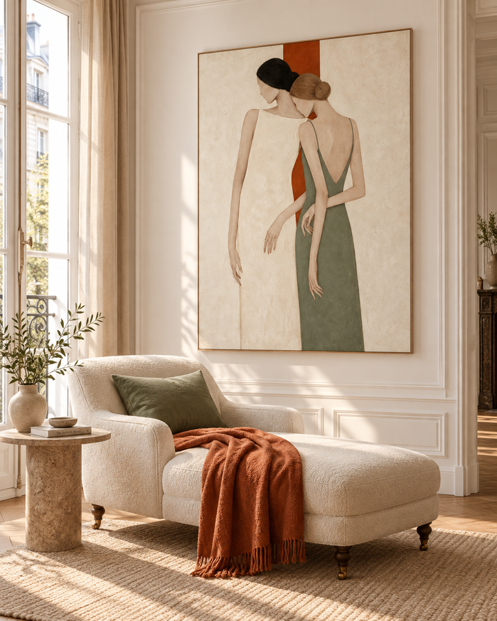 Minimalist Two Women Portrait Hand-Painted Canvas Art In Beige And Green