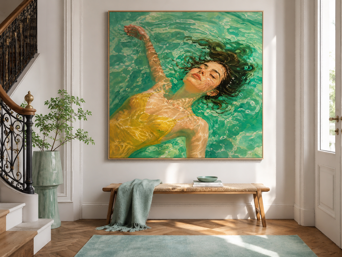 Realistic Oil Painting Of Woman Floating In Pool With Sunlight And Green Water For Modern Home Decor