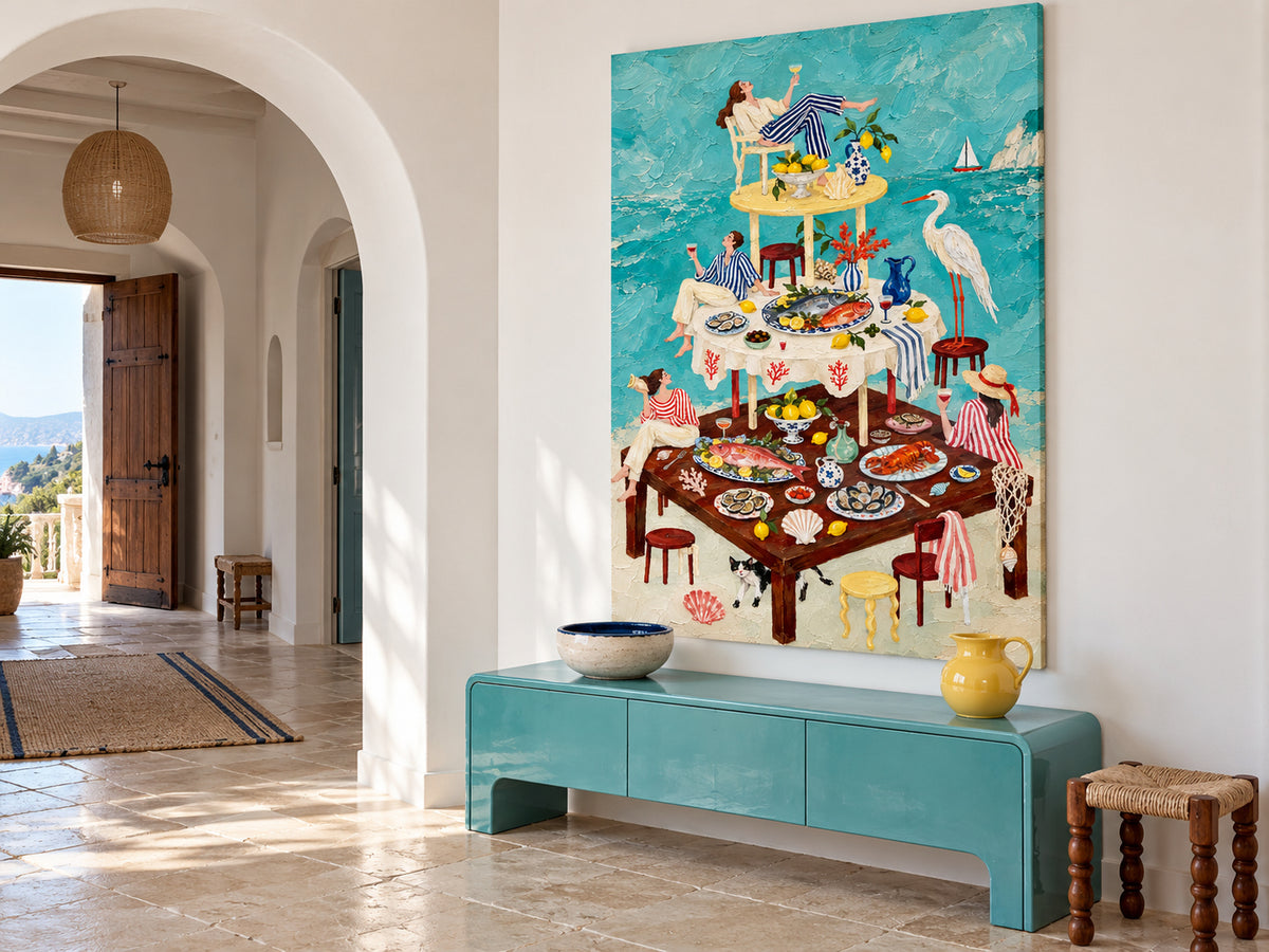 Mediterranean Dining Room Wall Art Vintage Style Seafood Painting Textured Surrealist Modern Art