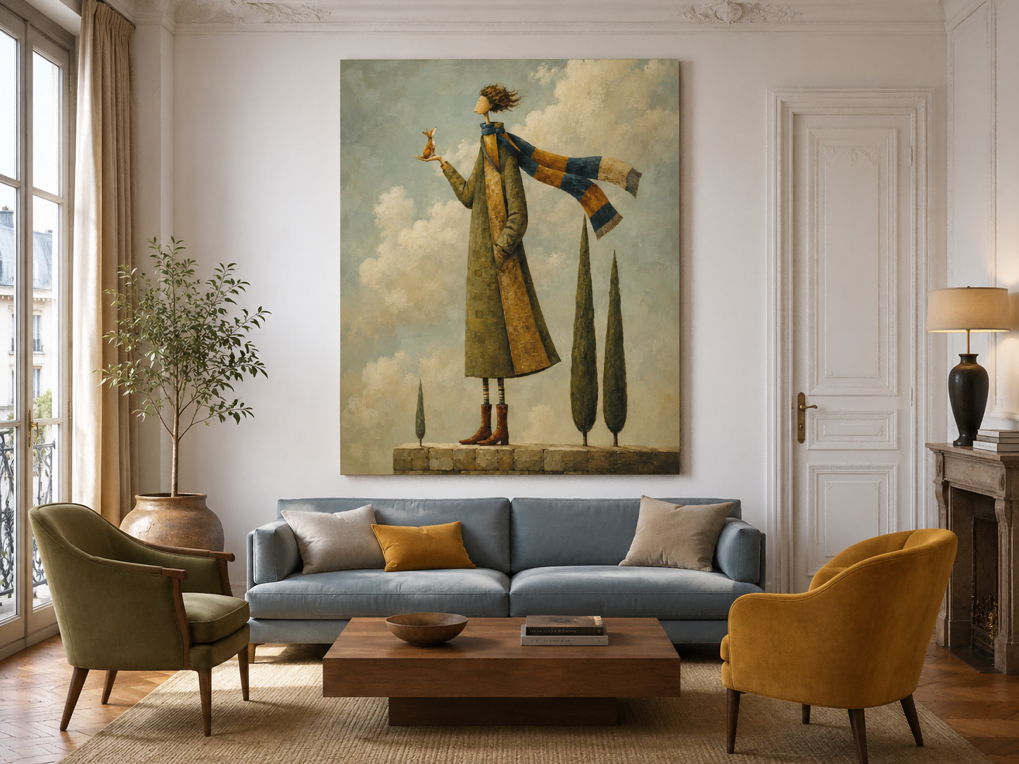 Modern Surrealist Canvas Painting Abstract Figure Art With Impasto Texture And Fox