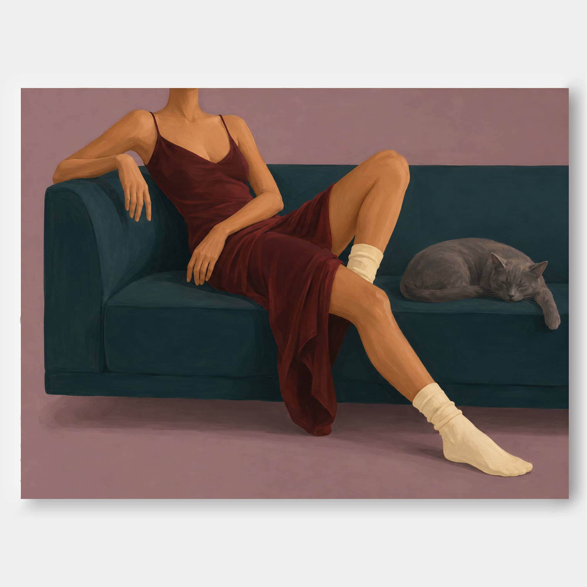 Modern Figurative Oil Painting Of Elegant Woman Resting With Pet At Home Woman And Cat On Sofa Hand-Painted Modern Canvas Art In Red And Teal