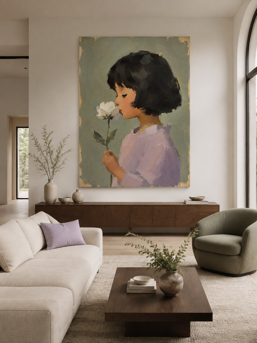 Modern Impasto Style Art Of Girl With Flower In Sage Green Tones