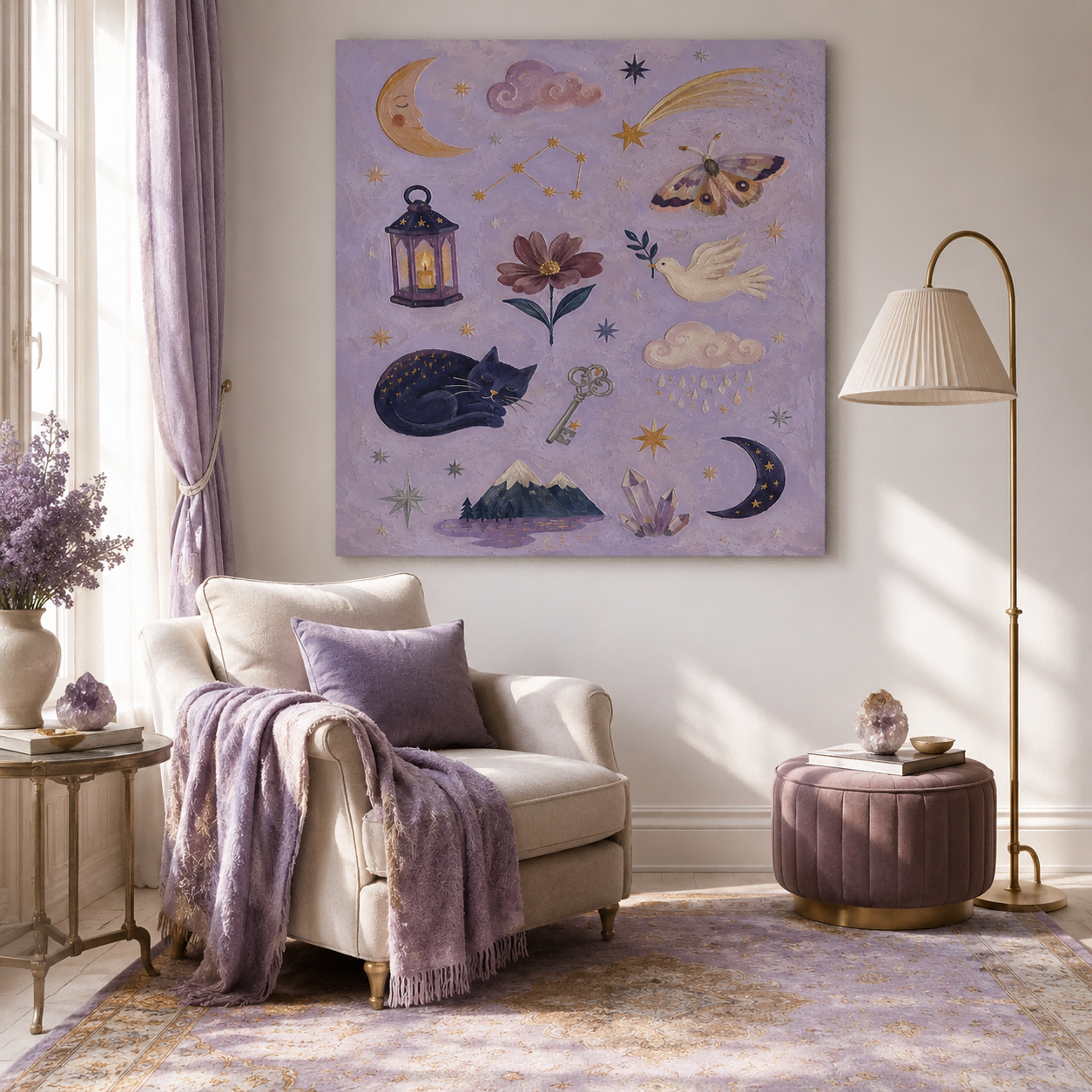 Magical Realism Bohemian Art With Cat And Moon For Bedroom Decor