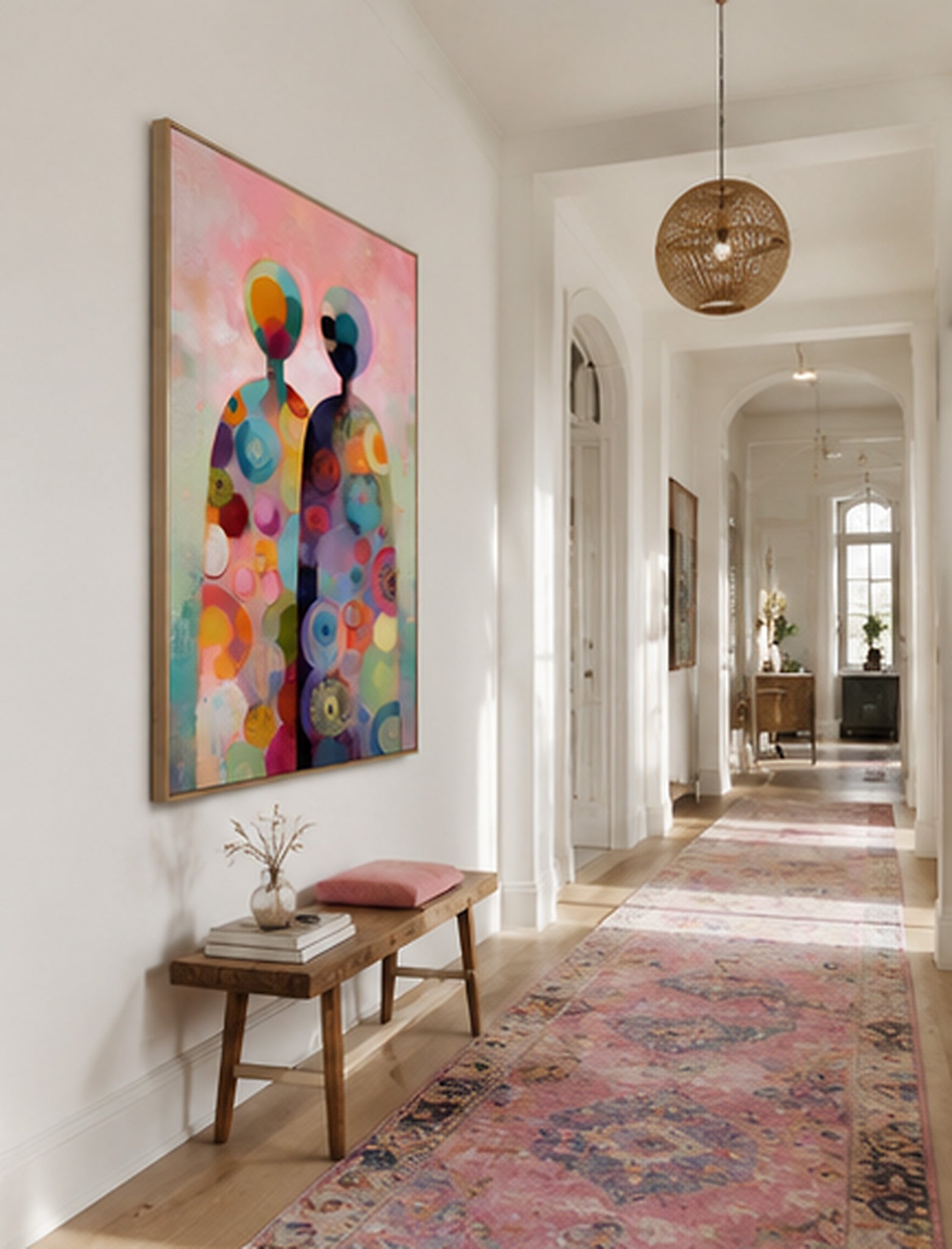 Bohemian Style Abstract Art Canvas With Rich Texture And Colorful Circles For Bedroom Decoration