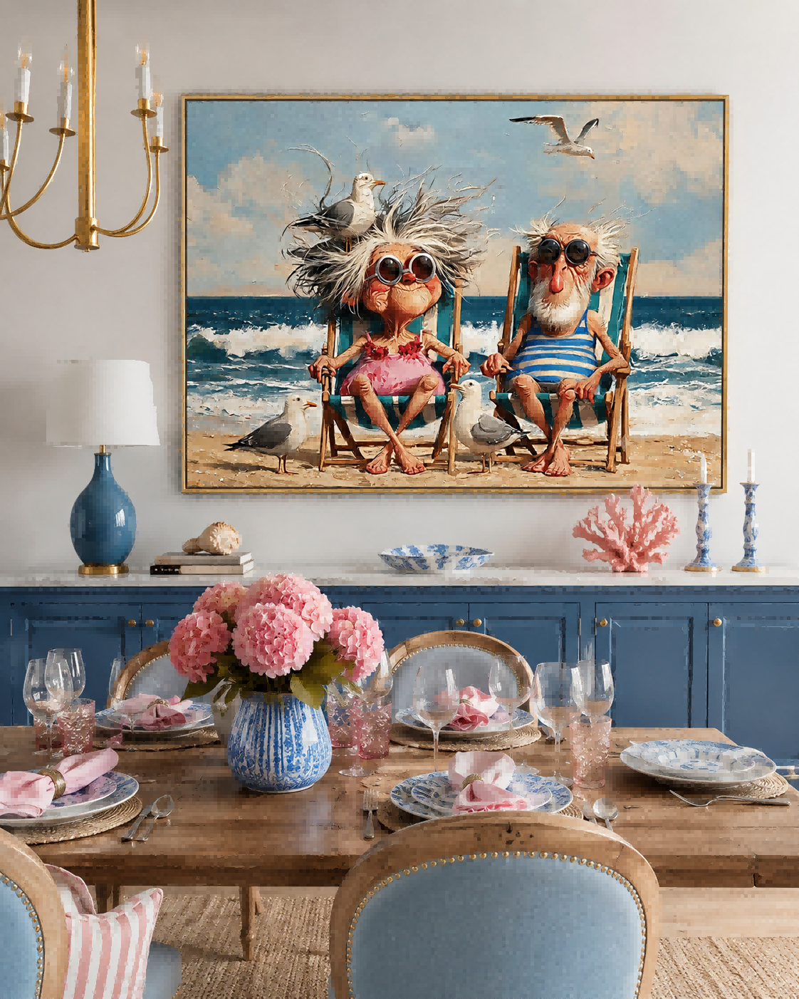 Bright Coastal Art Featuring Funny Seniors And Seagulls For Beach House Wall