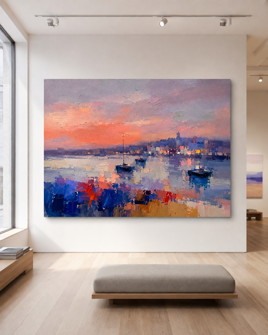 Modern Abstract Impasto Oil Painting Warm Sunset Harbor Scene Art