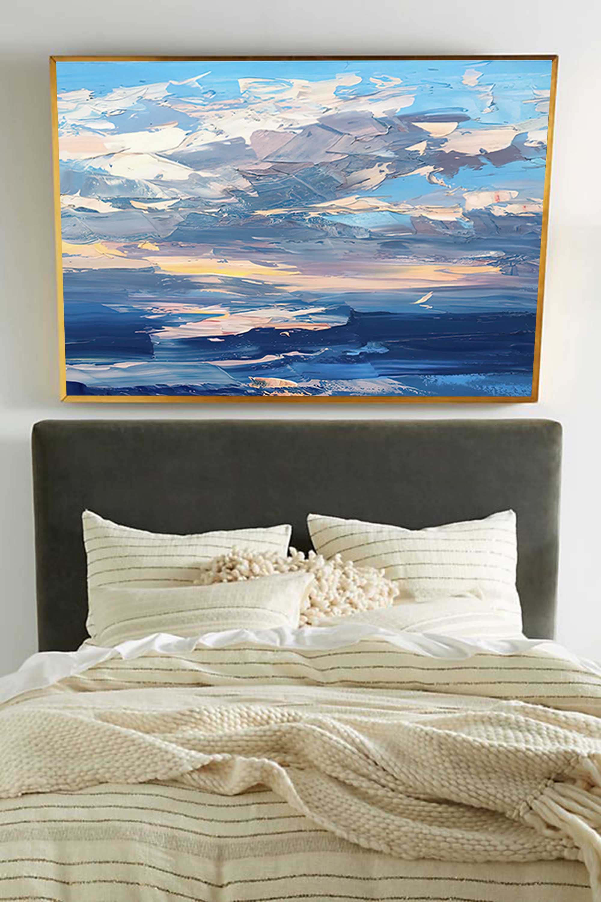 Clouds Oil Painting on Canvas Original Wall Art Abstract Blue Landscape Painting Home Decor