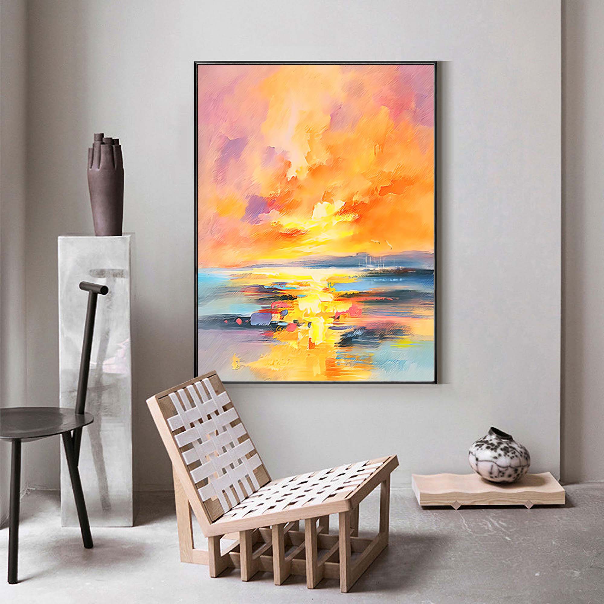 Large Sunset Painting Canvas Abstract Modern Wall Art Sunset Acrylic Painting Living Room