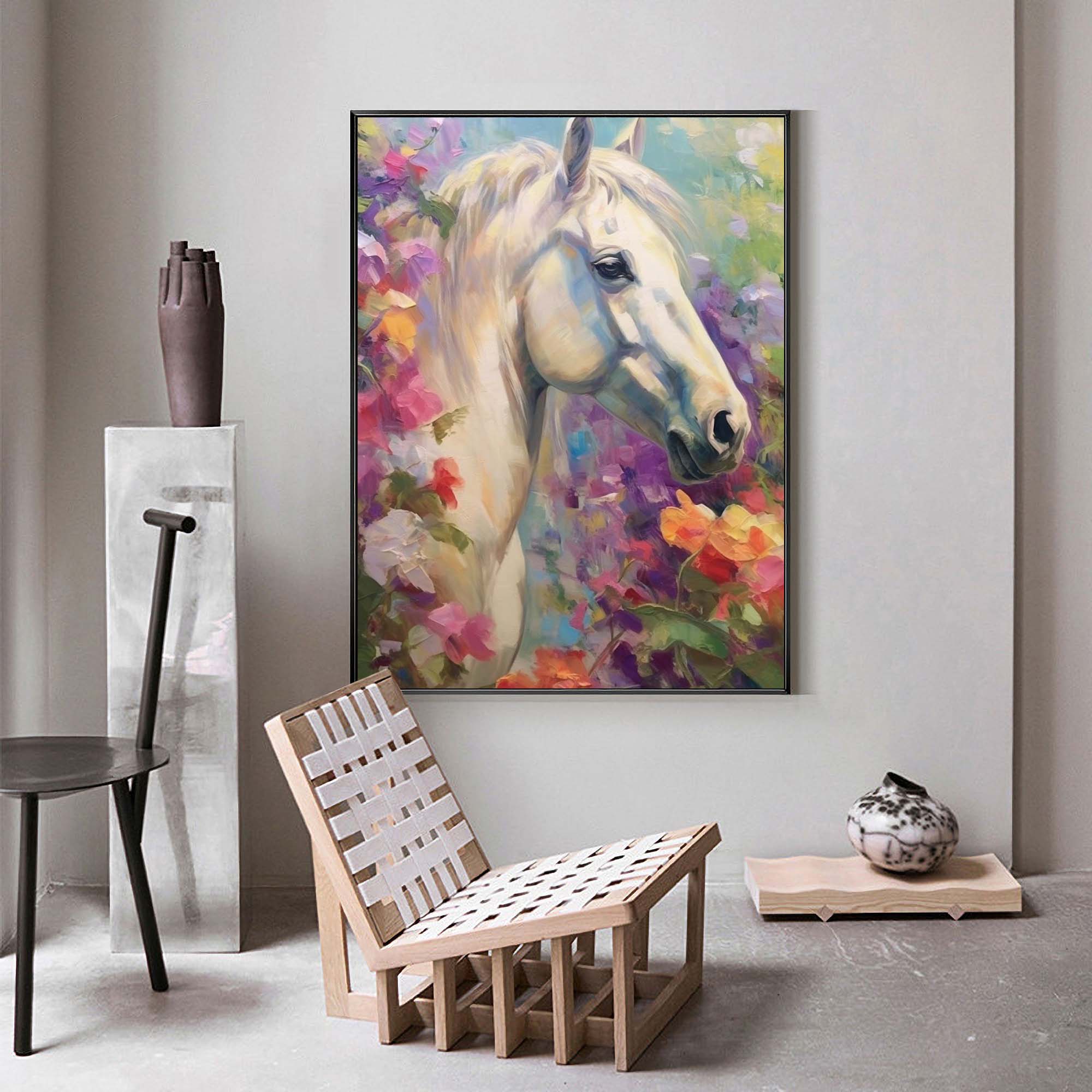 Impressionist White Horse Wall Art Bright Colorful Horse Oil Painting On Canvas Modern Animal Oil Painting Home Decor