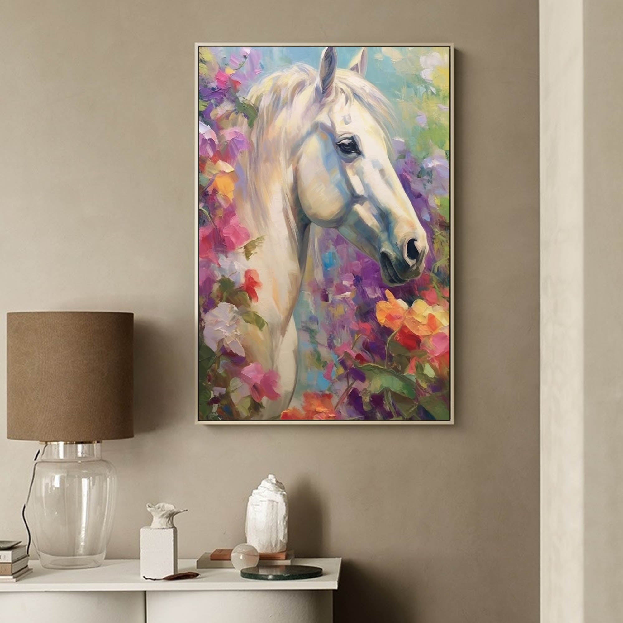 Impressionist White Horse Wall Art Bright Colorful Horse Oil Painting On Canvas Modern Animal Oil Painting Home Decor