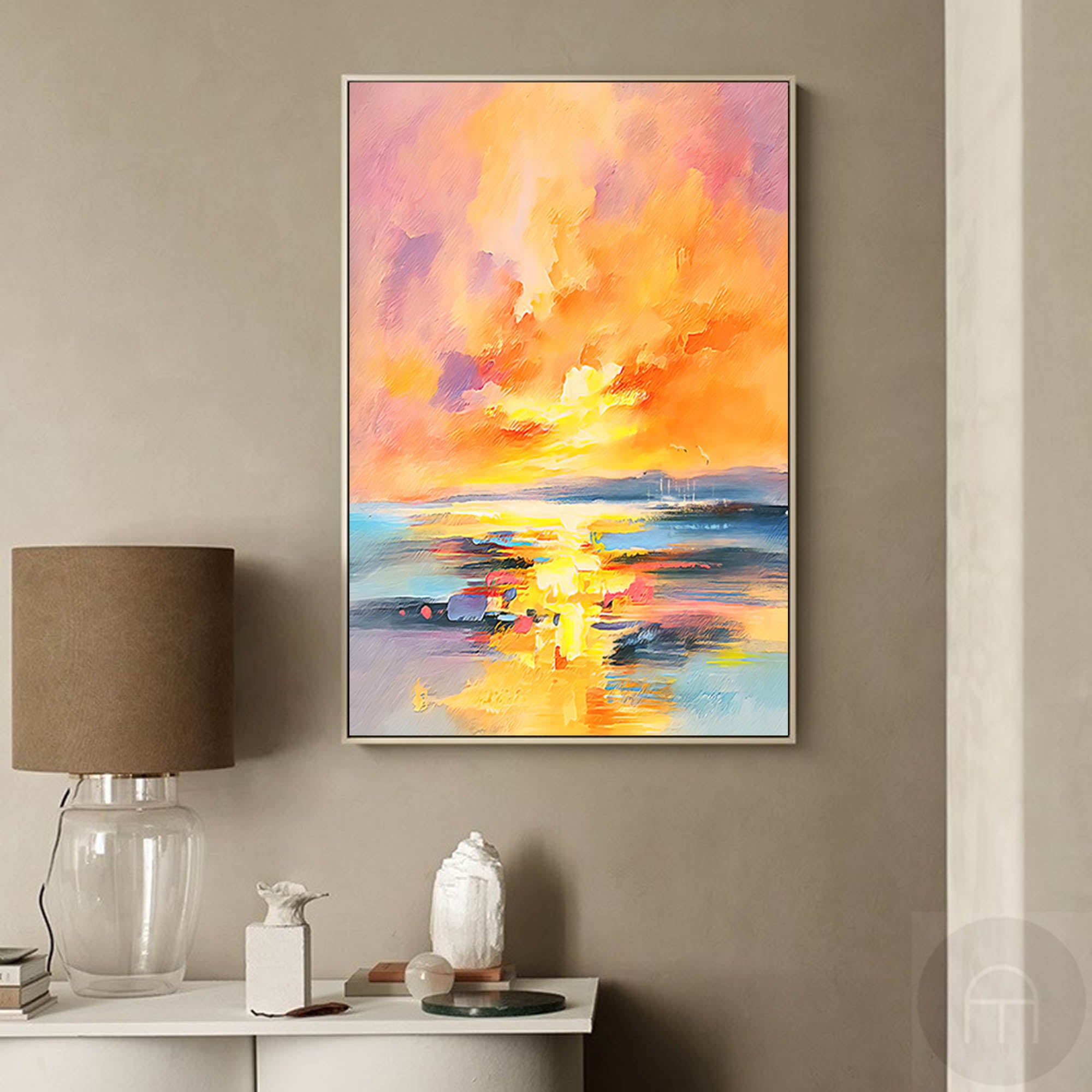 Large Sunset Painting Canvas Abstract Modern Wall Art Sunset Acrylic Painting Living Room