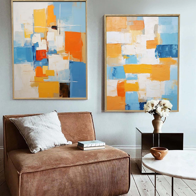 Set of 2 Blue And Yellow Large Abstract Geometry Oil Painting Modern Wall Art Original Texture Oil Painting Living Room Decor