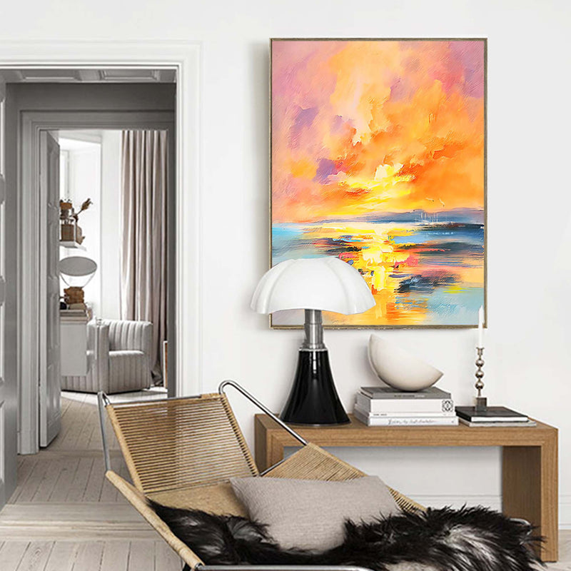 Large Sunset Painting Canvas Abstract Modern Wall Art Sunset Acrylic Painting Living Room
