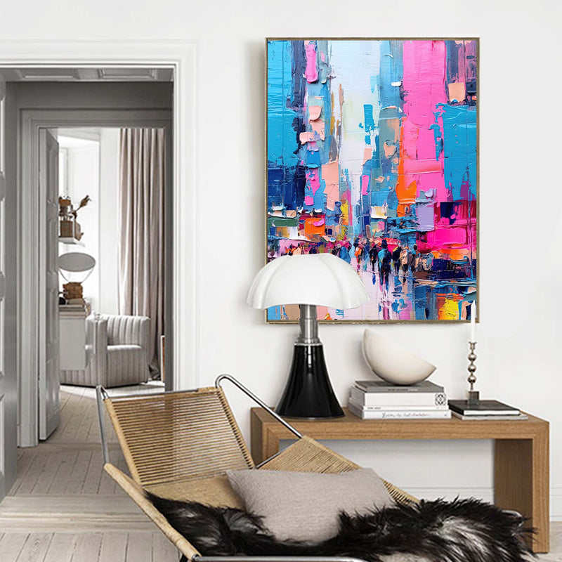 Large Cityscape Oil Painting On Canvas Original Abstract Urban Scene Art Modern Colorful Wall Art Living Room