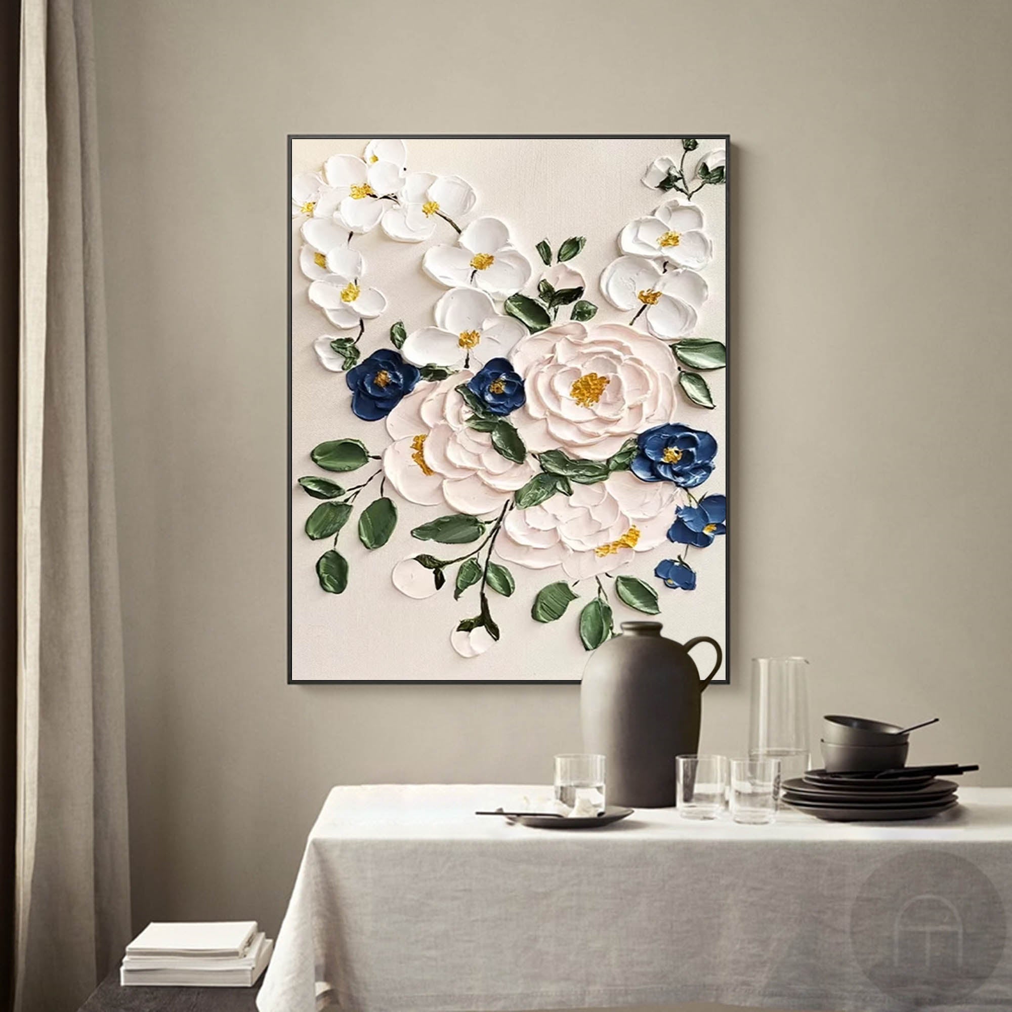 Bright white Modern Floral Oil Painting On Canvas Large Textured Floral Acrylic Painting Original Flower Wall Art Home Decor